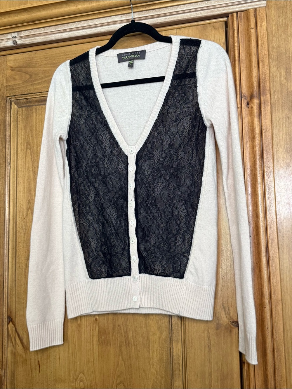 Charlotte Tarantola 100% Cashmere Lace Cardigan Sweater Ivory Black Size Small